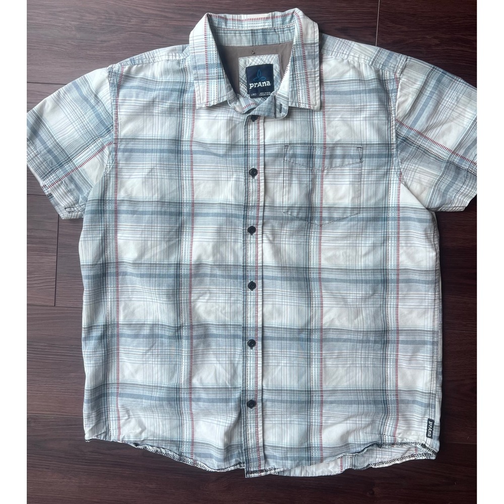 Prana Mens Large Short Sleeve Button Down Plaid Shirt Blue White Red Outdoor